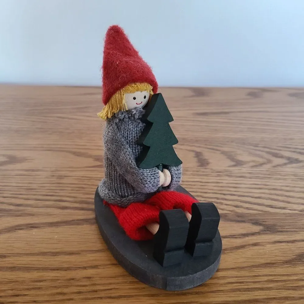 Handmade Sweden Larssons Tra Wood Christmas Figurine Girl on Sled Holding Tree